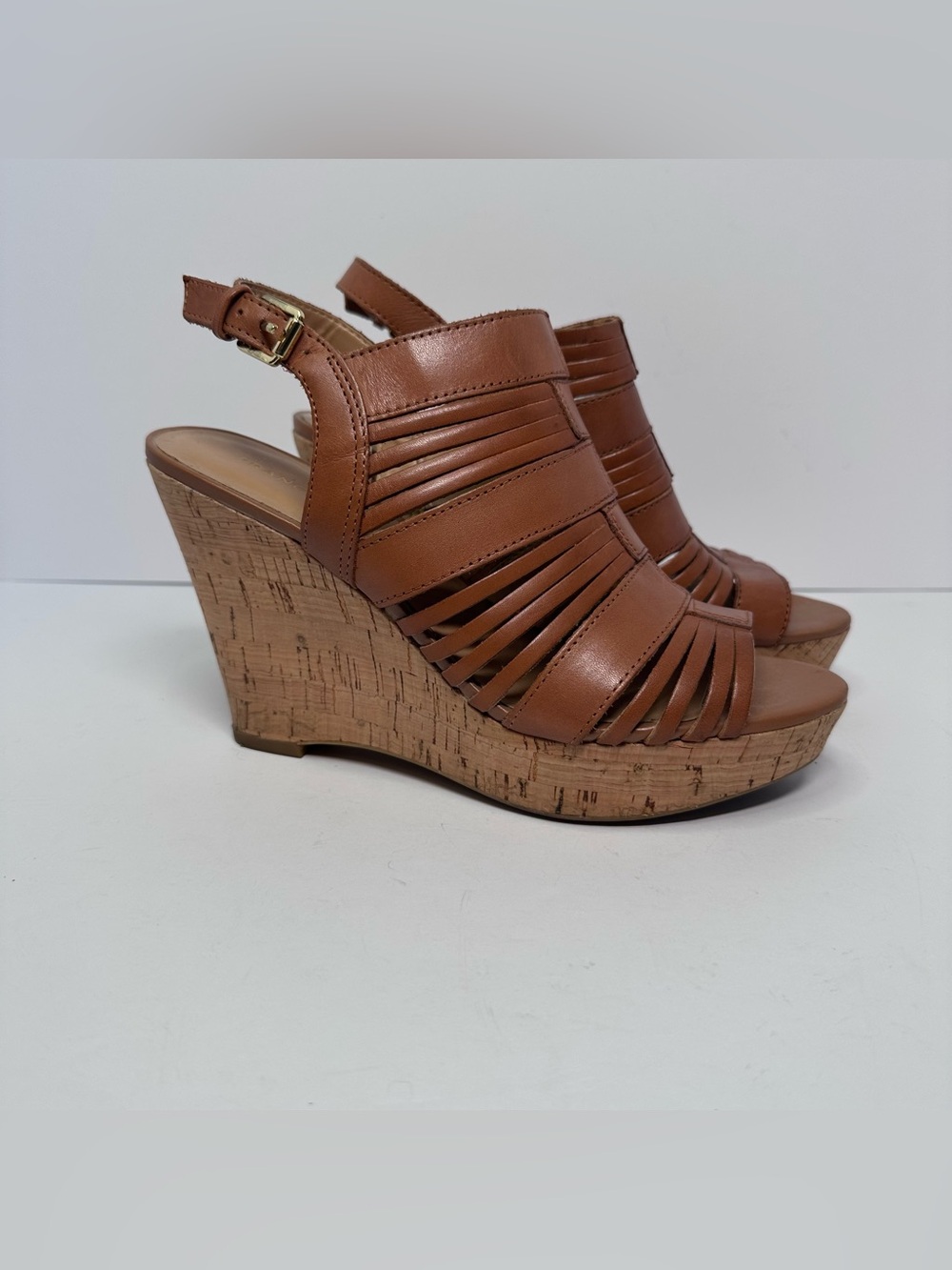 Franco Sarto Tan Leather Platform Open Toe Slingback Cork Wedge Sandals Size 8